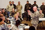 Lt. Gen. H Steven Blum, chief, National Guard Bureau, talks with troops at a town hall meeting during a visit to Forward Operating Base Border Wolf, in Deming, N.M., on Nov. 29, 2006. Operation Jump Start is the National Guard's assistance to the Border Patrol in securing the nation's southern border. FOB Border Wolf is located along a challenging 180-mile stretch of border stretching west from El Paso, Texas, where facilities are in short supply and road infrastructure is limited. U.S. Army photo by Sgt. Jim Greenhill