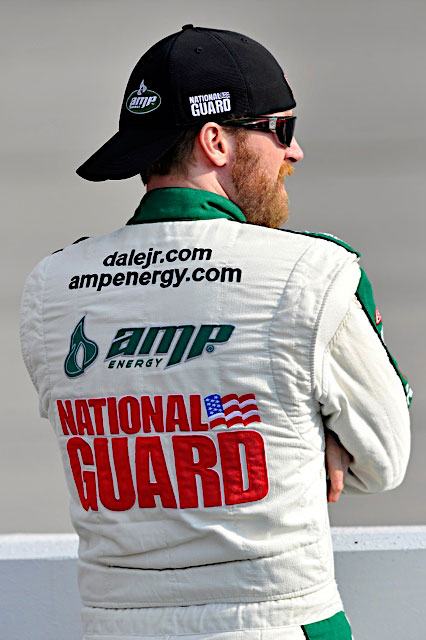 Dale Earnhardt Jr., driver of the No. 88 National Guard racecar, reflects on the race ahead of him at Darlington Raceway in Darlington, S.C. May 7, 2011. Jr. finished the race in 14th and is still in fourth place in the Sprint Cup series standings. (Photo courtesy of Hendrick Motor Sports)(Released)