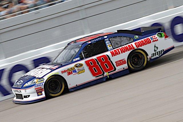 Dale Earnhardt Jr., driver of the No. 88 National Guard NASCAR racecar, speeds down the track at the Las Vegas Motor Speedway in Las Vegas, Nev., March 6, 2011. Dale Jr. finished the day with an eighth place finish, moving him into 10th place in the points race. (Photo courtesy of Hendrick Motor Sports)(Released)