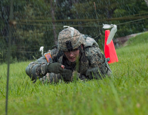 Army Staff Sgt. Michael J. Walker, a food service specialist with the Minnesota Army National Guard, low crawls through an obstacle course during the 2014 Army National Guard Best Warrior Competition at Camp Joseph T. Robinson, Arkansas, July 14, 2014. Walker is one of 14 competitors in the competition--which tests competitors on a variety of tactical and technical skills in a physically and mentally demanding environment--vying to earn the title of Best Warrior and become the Soldier and Noncommissioned Officer of the Year for the Army Guard. The winners of the competition will go on to represent the Army Guard in the Department of the Army level Best Warrior Competition later this year. (U.S. Army photo by Staff Sgt. Darron Salzer)