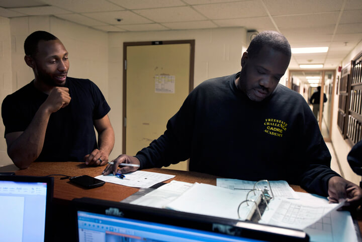 Sgt. Aaron Garrison looks on as Master Sgt. Robert Triplett reviews the weekly academy schedule