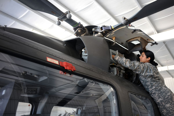 Chavez performs a pre-flight inspection on a UH-72 Lakota helicopter prior to flying a mission supporting U.S. Customs and Border Protection agents in McAllen, Texas.