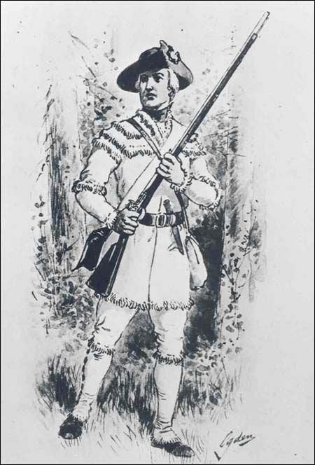 Romanticized painting of an American frontier soldier