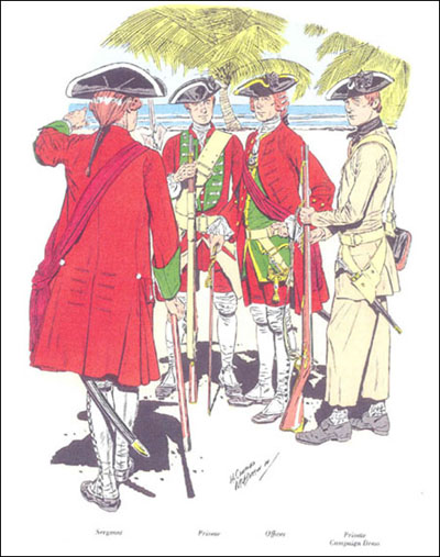 An officer (2nd from right) and men of the American Regiment