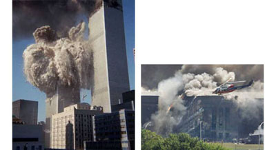 The World Trade Center (left) and the Pentagon soon after the attacks
