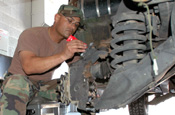 A Soldier from 2nd Battalion, 200th Infantry Regiment, New Mexico National Guard, performs maintenance on a humvee agents at the National Guard Armory in Deming, N.M., June 17, 2006. (U.S. Army photo by Sgt. Jim Greenhill)