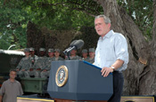 President George Bush talks about Operation Jump Start at Anzalduas County Park in Mission, Texas, on Aug. 3, 2006. National Guard Soldiers participating in the operation attended the address. (Photo by Sgt. Jim Greenhill, National Guard Bureau)