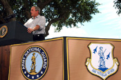 President George Bush talks about Operation Jump Start at Anzalduas County Park in Mission, Texas, on Aug. 3, 2006. (Photo by Sgt. Jim Greenhill, National Guard Bureau)
