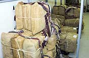 Bales of marijuana seized by the Border Patrol agents are stacked in an evidence room at the Nogales Border Patrol Station in Nogales, Ariz., on Jan. 17, 2007, prior to being transferred to the Drug Enforcement Administration. National Guardmembers participating in Operation Jump Start have been credited with helping the Border Patrol seize about 1,000 pounds of marijuana in the Nogales area alone. The colorful ropes tied to the marijuana bales are used by smugglers to sling the loads on their back for the border crossing. (U.S. Army photo by Sgt. Jim Greenhill) 