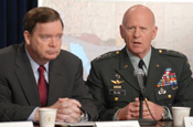 Army Lt. Gen. H Steven Blum (right), chief of the National Guard Bureau, and Paul McHale, assistant secretary of defense for homeland defense, address a joint news conference on border security in Washington, May 16. May 17, 2006 (by Cdr. Jane Campbell)