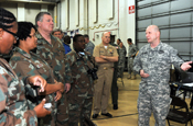 Army Col. Craig Meinking, a member of the New York Army National Guard, explains New York Army National Guard health-check procedures to South African Maj. Gen. Roy Andersen (center) and other South African National Defense Force Reserves officers during a Dec. 1, 2010 visit in Latham, N.Y. (New York Army National Guard photo)