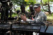 Army Sgt. 1st Class Jonathan Pearson, with the 166th regiment, Regional Training Institute, works through an engineering problem with combat engineers from the Ghanaian army using a scale model of a bridge at the Ghanaian army's Coker-Appiah Engineer Training School in Accra, Ghana, Thursday, May 17, 2012. Pearson was working with the Ghanaian engineers as part of a week-long engineer course through the State Partnership Program, which partners National Guard units with 65 countries throughout he world as a way to foster greater relationships between nations. (Army National Guard photo by Sgt. 1st Class Jon Soucy)(Released)
