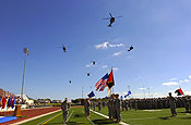 UH-60 Blackhawks and CH-47 Chinooks, from the 36th Combat Aviation Brigade, Texas Army National Guard inspire both Soldiers and family members with a flyover during the unit's recent deployment ceremony.