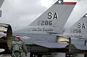 Lt. Col. John Kane conducts a post-flight check on his F-16 Fighting Falcon after arriving at Hickam Air Force Base, Hawaii, Sept. 6 to participate in Exercise Sentry Aloha. Colonel Kane is a pilot with the Texas Air National Guard's 149th Fighter Wing. The exercise brings dissimilar combat assets to Hickam to train with the Hawaii Air National Guard's 199th Fighter Squadron. (U.S. Air Force photo/Tech. Sgt. Shane A. Cuomo)