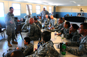 Lt. Col. Kirk White, left, mayor of one of the camps in Afghanistan, discusses base operations and procedures with his team of Indiana National Guard, 38th Infantry Division, Task Force Cyclone Soldiers at Camp Atterbury Joint Maneuver Training Center, Ind., on July 14, 2009. White and his team will be responsible for all management operations on the post. (U.S. Army photo by Spc. William E. Henry, Indiana National Guard)