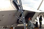 Lieutenant Colonel David Nardi, of the 192nd Fighter Wing, Virginia Air National Guard prepares to climb into an F-22 Raptor at Langley AFB, Virginia to fly a local training mission. (USAF Photo/MSgt Gerold O. Gamble)