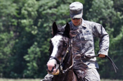 2nd Lt. Kathryn Miles, an engineer for Provincial Reconstruction Team Panjshir, rides “Blue,” one of the many horses used for Horse Familiarization Training conducted by the 189th Infantry Brigade at Painted Moon Horse Farm in Columbus, Ind. When the PRT deploys to Afghanistan, the knowledge of working with horses will enable them to navigate areas of rough terrain where military vehicles cannot operate. (U.S. Army photo by Spc. Tim Sproles)