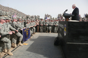 Members of the 234 Engineer Company, Oregon Army National Guard got an up-close and personal view of Vice President Dick Cheney as he delivered a speech at LSA Anaconda, Iraq, March 18. Cheney made a surprise visit to the base to address the troops stationed there, and to talk about the progress of the war in Iraq. (U.S. Army Photo by Maj. Jeffrey Brown, Commander, 234 EN Co., Oregon Army National Guard)